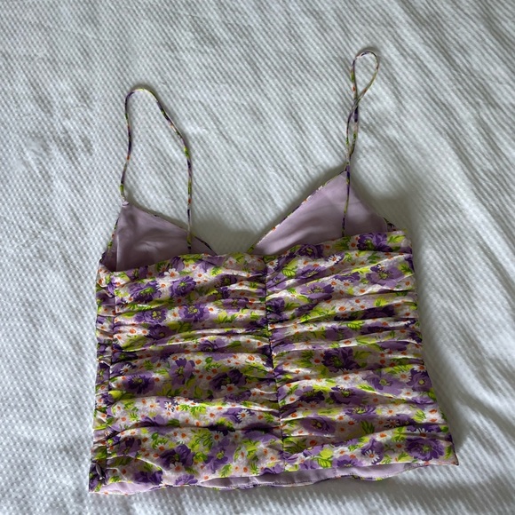 Zara Purple and Yellow Floral Ruched Crop Camisole Sleeveless Top - Picture 6 of 8